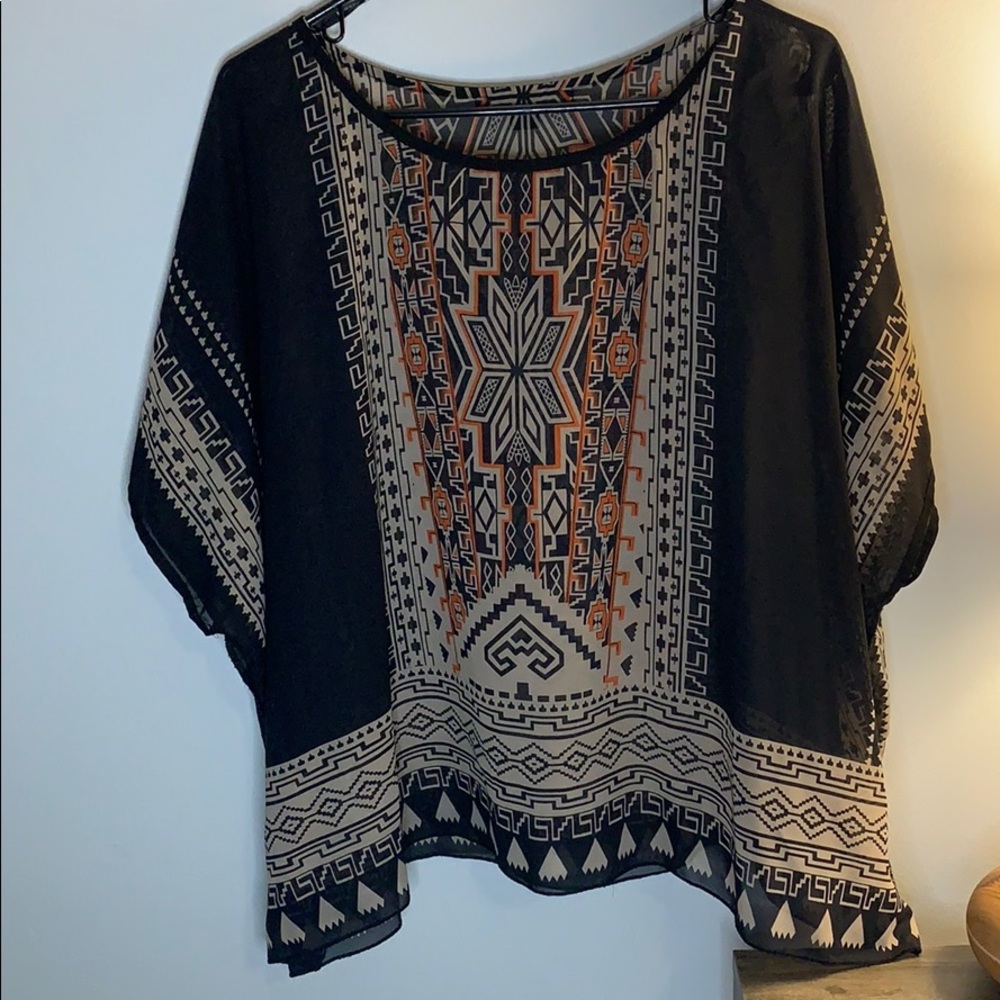 Over size sheer black with tan and orange detail